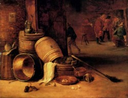 Teniers David An Interior Scene With Pots Barrels Baskets Onions And Cabbages
