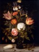 Still Life Of Roses Tulips Irises An African Marigold And Other Flowers In A Roemer Resting On A Ledge