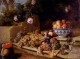 Still Life Of Grapes Peaches In A Blue And White Porcelain Bowl And A Melon