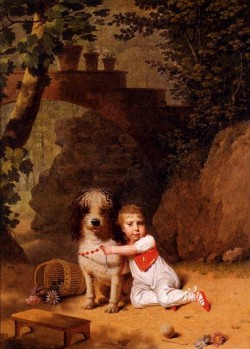 Portrait Of A Little boy Placing A Coral Necklace On A Dog