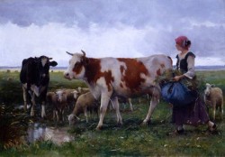 Peasant woman with cows and sheep