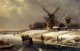 Figures On AFrozen Waterway By A Windmill