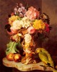 A Still Life With A Vase Of Assorted Flowers Peaches And A Parrot On A Marble Ledge