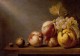A Still Life Of Peaches Grapes A Quince A Walnut And Two Hazelnuts On A Wooden Table