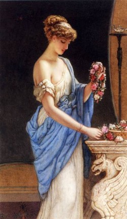 A Girl In Classical Dress Arranging A Garland Of Flowers