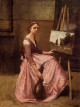 Young Woman in a Red Dress Sitting in front of an Easel Holding a Mandolin 1860