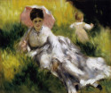 Woman with Parasol and a Small Child on a Sunlit Hillside